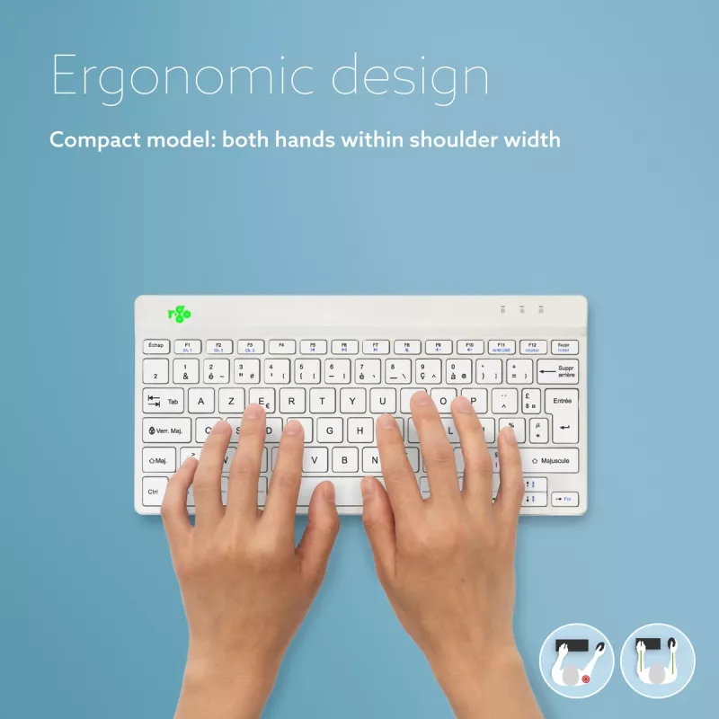R-Go Tools teclado ergonómico R-Go Compact Break, teclado compacto com software de pausas, AZERTY (FR), Bluetooth, branco