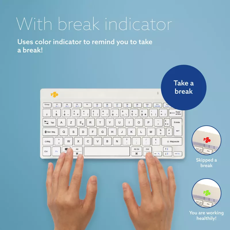 R-Go Tools teclado ergonómico R-Go Compact Break, teclado compacto com software de pausas, AZERTY (FR), Bluetooth, branco