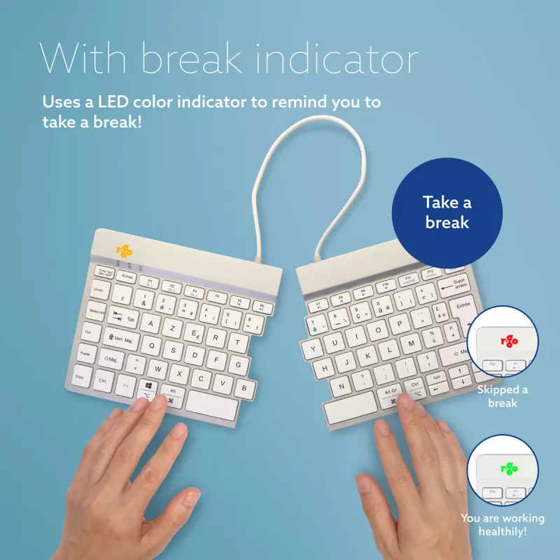 R-Go Tools teclado ergonómico R-Go Split Break com software de pausas, teclado ergonómico dividido, AZERTY (FR), Bluetooth, branco