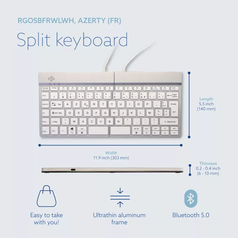 R-Go Tools teclado ergonómico R-Go Split Break com software de pausas, teclado ergonómico dividido, AZERTY (FR), Bluetooth, branco