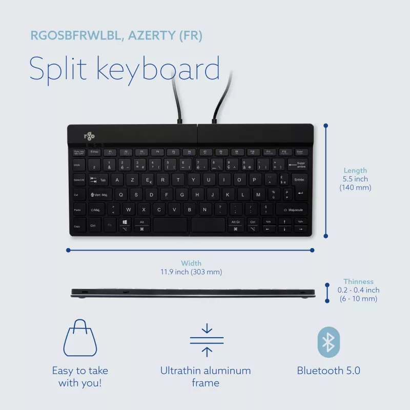 R-Go Tools teclado ergonómico R-Go Split Break com software de pausas, teclado ergonómico dividido, AZERTY (FR), Bluetooth, preto