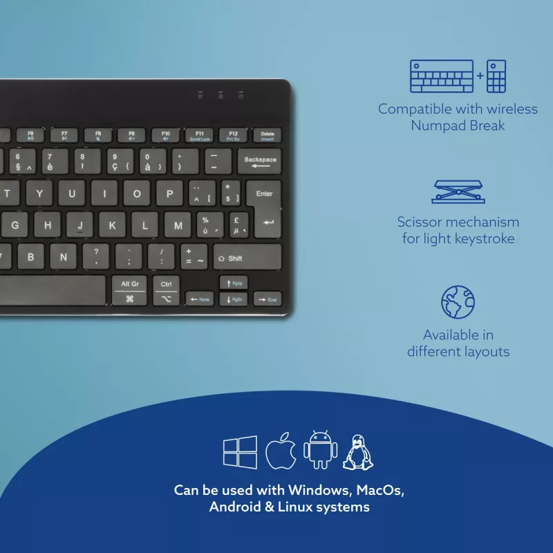 R-Go Tools teclado ergonómico R-Go Compact Break, teclado compacto com software de pausas, AZERTY (BE), Bluetooth, preto