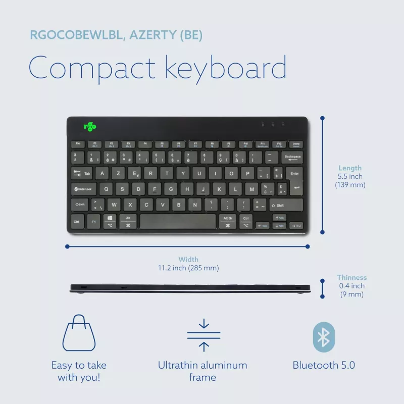R-Go Tools teclado ergonómico R-Go Compact Break, teclado compacto com software de pausas, AZERTY (BE), Bluetooth, preto