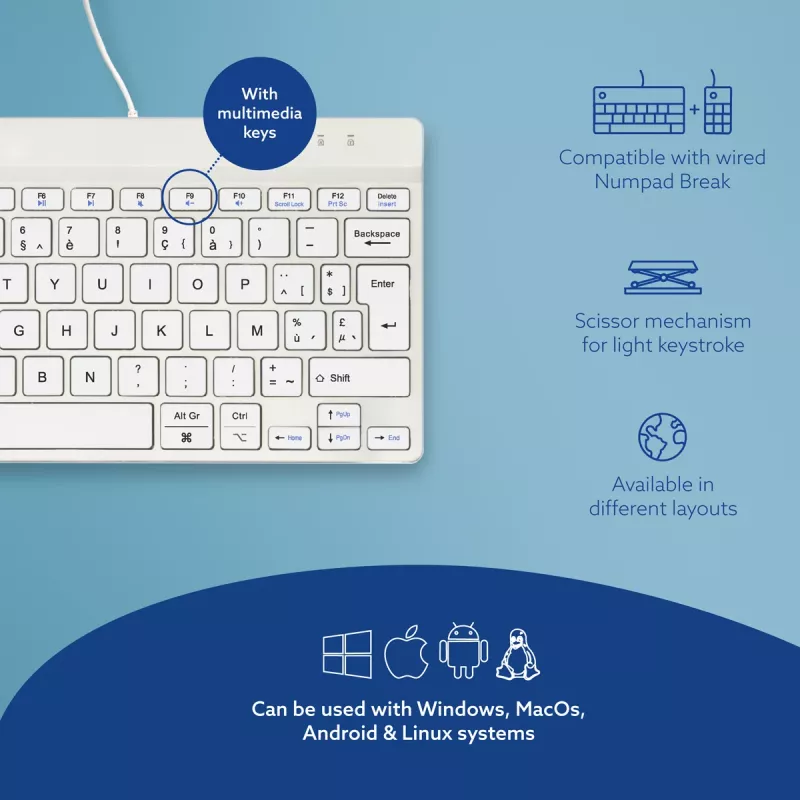 R-Go Tools teclado ergonómico R-Go Compact Break, teclado compacto com software de pausas, AZERTY (BE), com fios, branco