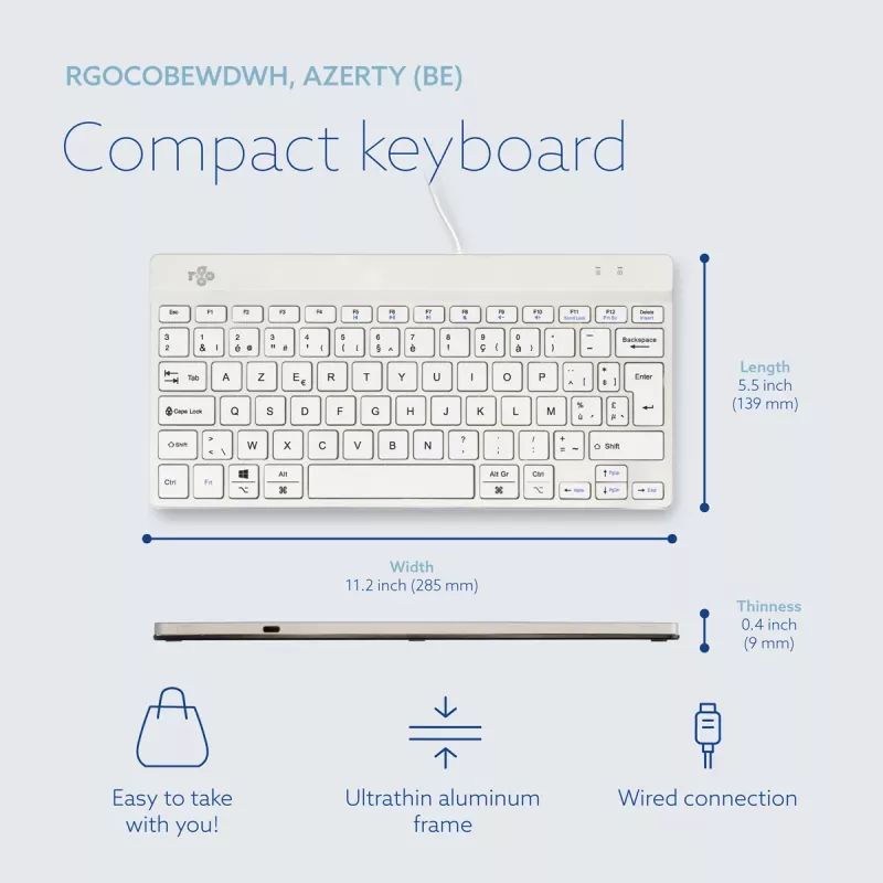 R-Go Tools teclado ergonómico R-Go Compact Break, teclado compacto com software de pausas, AZERTY (BE), com fios, branco