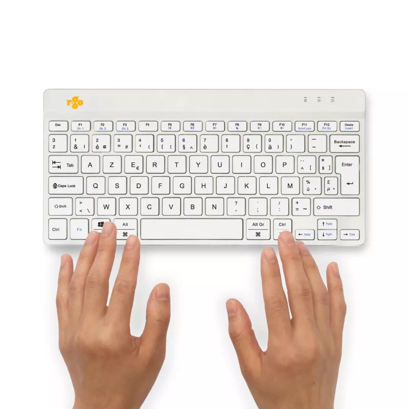 R-Go Tools teclado ergonómico R-Go Compact Break, teclado compacto com software de pausas, AZERTY (BE), Bluetooth, branco