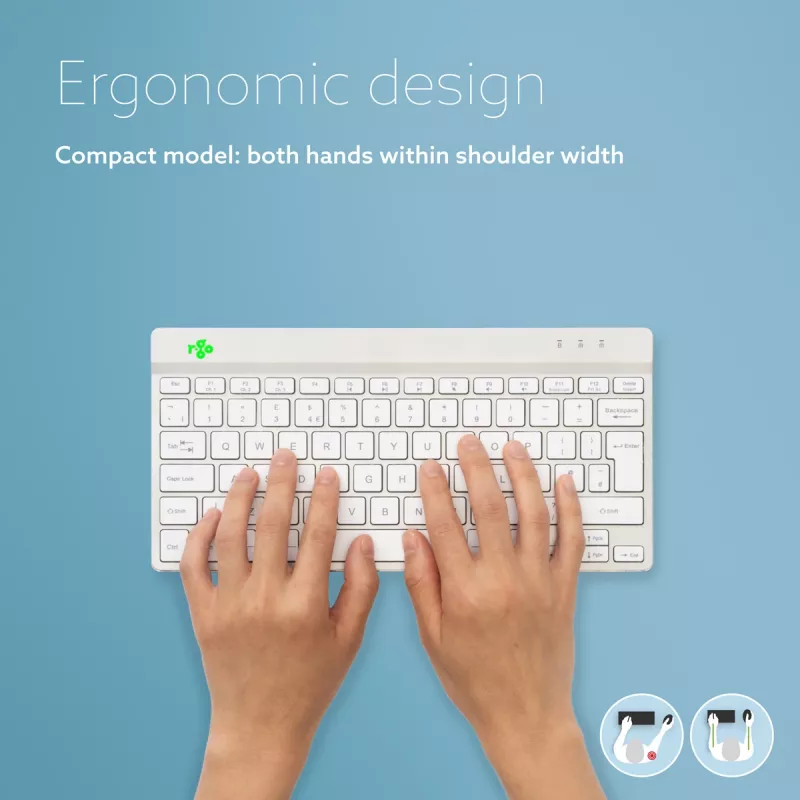R-Go Tools teclado ergonómico R-Go Compact Break, teclado compacto com software de pausas, AZERTY (BE), Bluetooth, branco