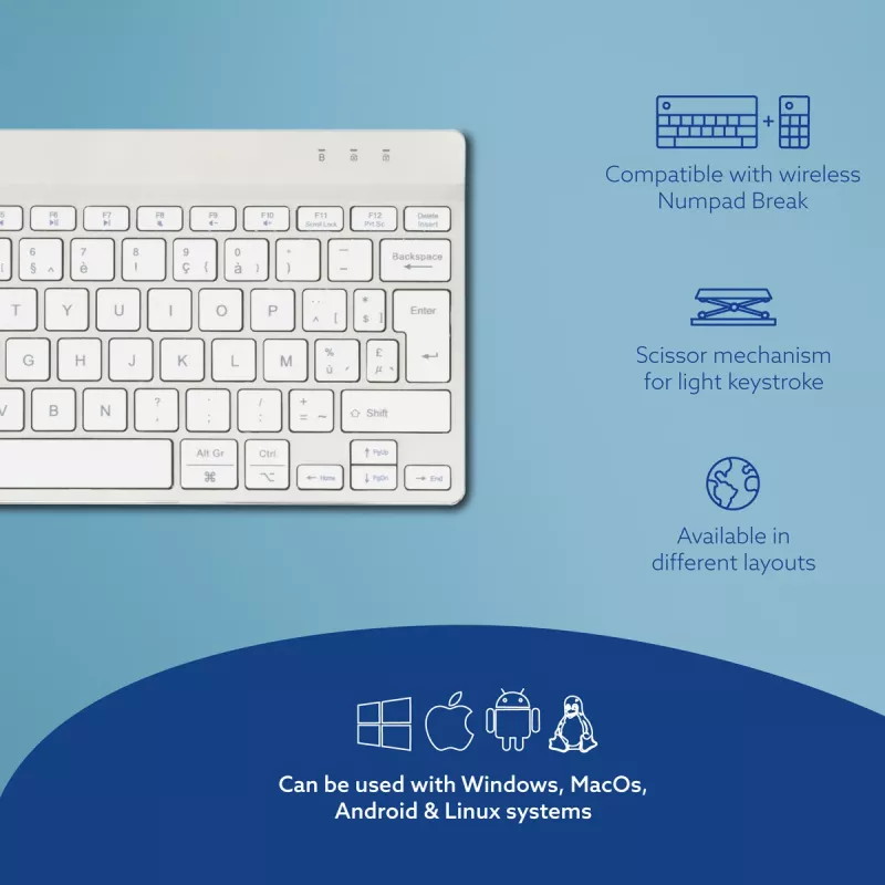 R-Go Tools teclado ergonómico R-Go Compact Break, teclado compacto com software de pausas, AZERTY (BE), Bluetooth, branco