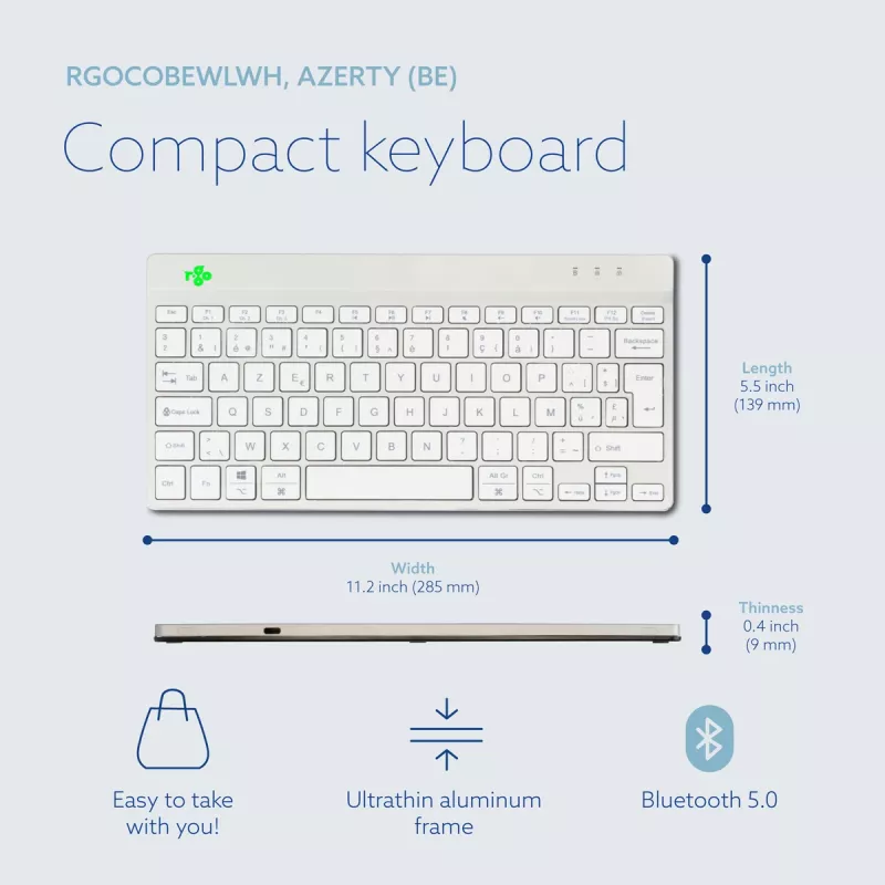 R-Go Tools teclado ergonómico R-Go Compact Break, teclado compacto com software de pausas, AZERTY (BE), Bluetooth, branco