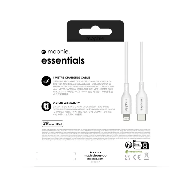mophie essentials cabo de carregamento Lightning para USB-C (1M) branco