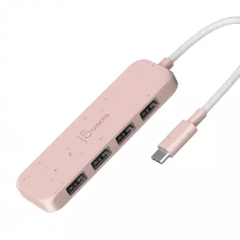 Hub USB-C para 4 portas USB-A Gen 2 j5create — 10 Gbit/s, USB 3.2, rosa, plástico ABS reciclado, 100×27×19 mm