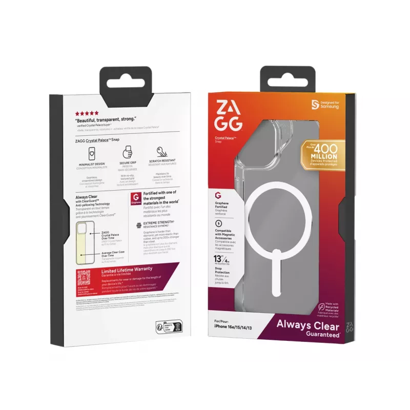 ZAGG Crystal Palace Snap Capa iPhone 17e/16e/15/14/13 Clear, Capa, Apple, iPhone 17e/16e/15/14/13, 15,5 cm (6,1 polegadas), Transparente
