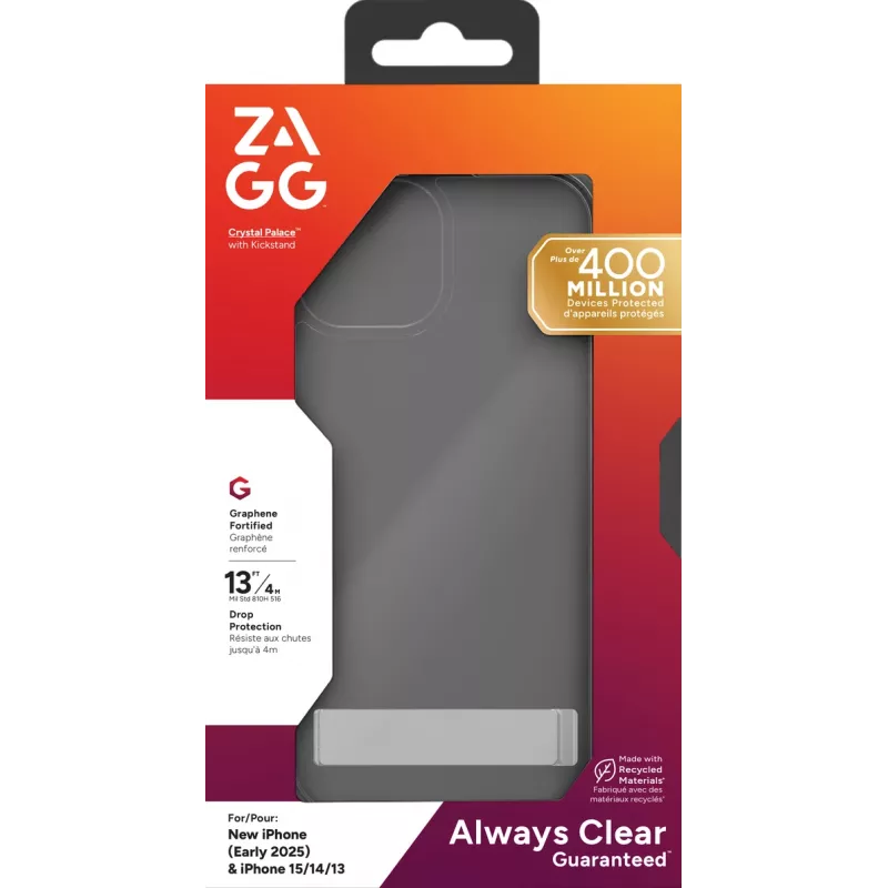 ZAGG Crystal Palace Capa com suporte iPhone 16/15/14/13 Clear, Capa, Apple, iPhone 17e/16e/15/14/13, 15,5 cm (6,1 polegadas), Transparente