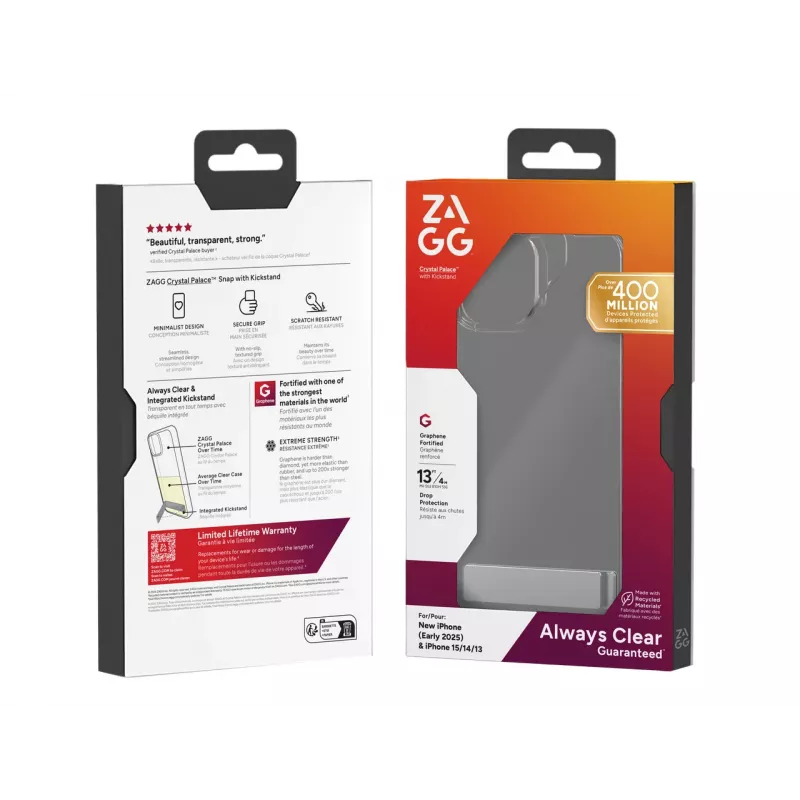 ZAGG Crystal Palace Capa com suporte iPhone 16/15/14/13 Clear, Capa, Apple, iPhone 17e/16e/15/14/13, 15,5 cm (6,1 polegadas), Transparente