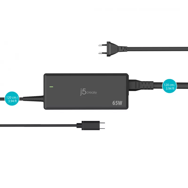Adaptador de alimentação USB-C PD j5create JUP1265 — 65W, interior, preto, plástico, 118×32×50 mm (UE)
