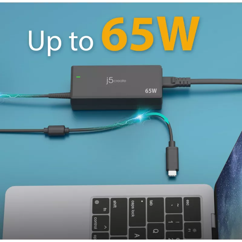 Adaptador de alimentação USB-C PD j5create JUP1265 — 65W, interior, preto, plástico, 118×32×50 mm (UE)