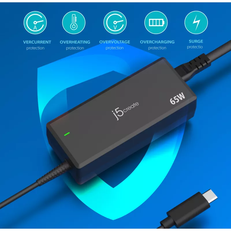 Adaptador de alimentação USB-C PD j5create JUP1265 — 65W, interior, preto, plástico, 118×32×50 mm (UE)