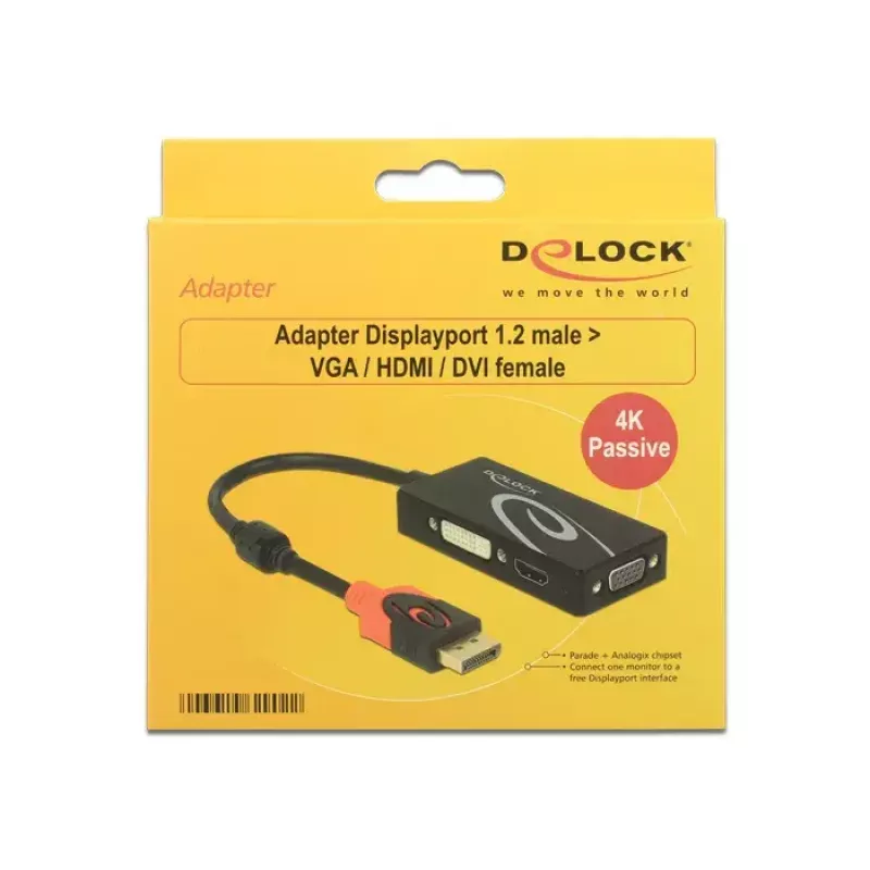 Delock 62902 adaptador de DisplayPort 1.2 para VGA / HDMI / DVI, 4K, passivo, preto
