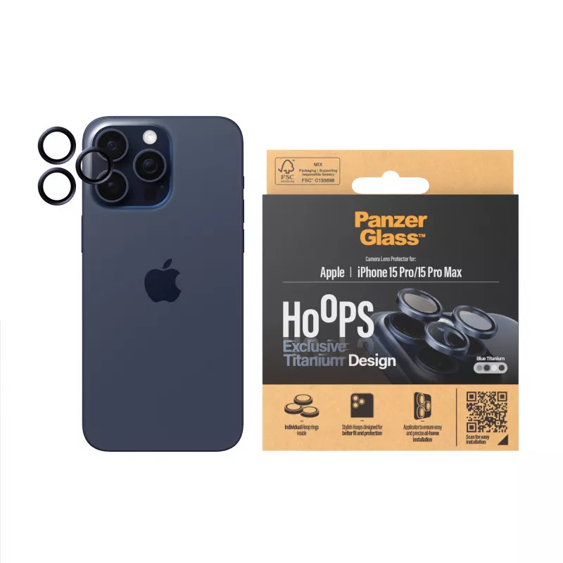Proteção de lente de câmara PanzerGlass Hoops iPhone 15 Pro 15 Pro Max azul titânio resistente a riscos e choques