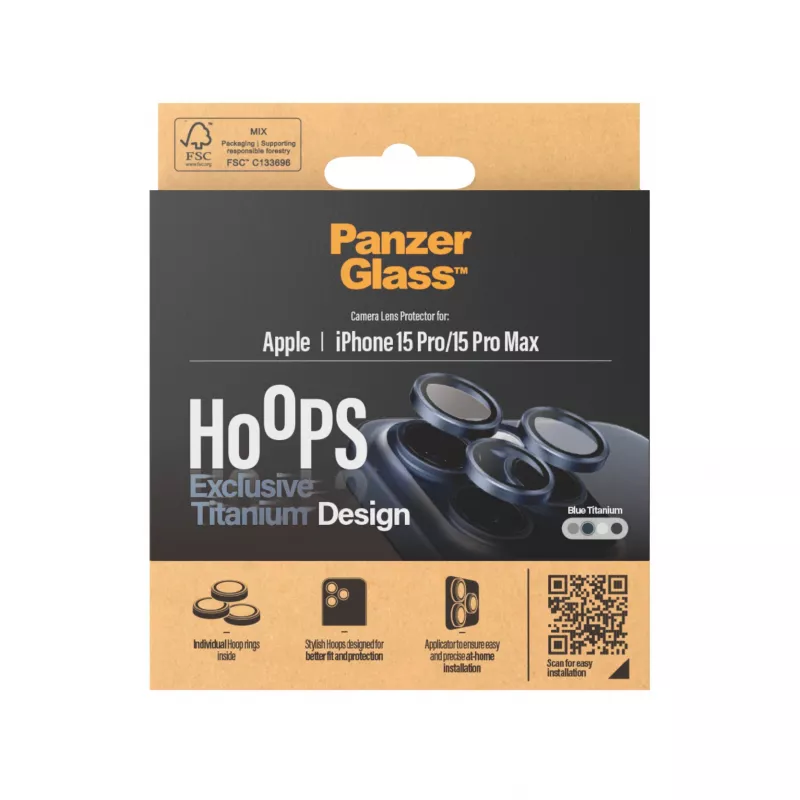 Proteção de lente de câmara PanzerGlass Hoops iPhone 15 Pro 15 Pro Max azul titânio resistente a riscos e choques