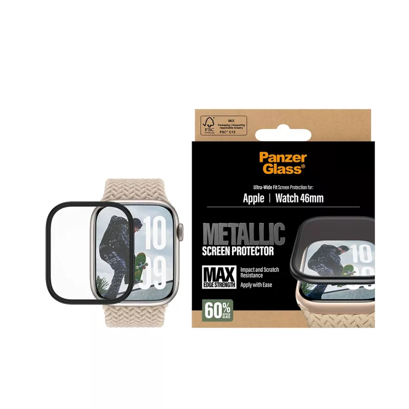 Proteção de ecrã PanzerGlass com moldura metálica preta para Apple Watch, modelo PG56329