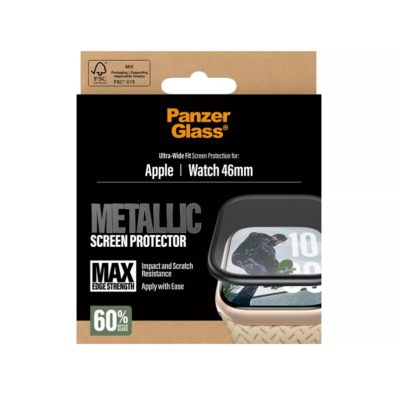 Proteção de ecrã PanzerGlass com moldura metálica preta para Apple Watch, modelo PG56329