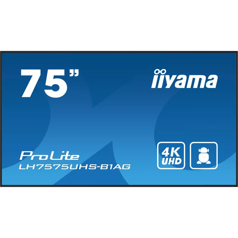 Ecrã de sinalização digital iiyama LH7575UHS-B1AG 190,5 cm (75 polegadas) LCD Wi-Fi 500 cd/m² 4K Ultra HD preto processador integrado Android 11 24/7