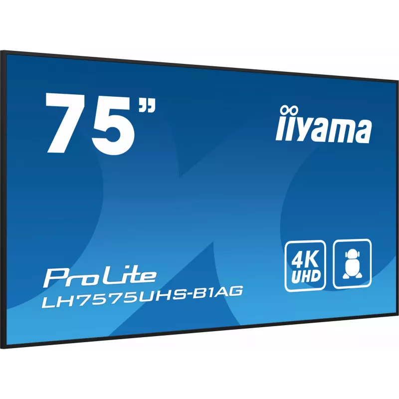 Ecrã de sinalização digital iiyama LH7575UHS-B1AG 190,5 cm (75 polegadas) LCD Wi-Fi 500 cd/m² 4K Ultra HD preto processador integrado Android 11 24/7