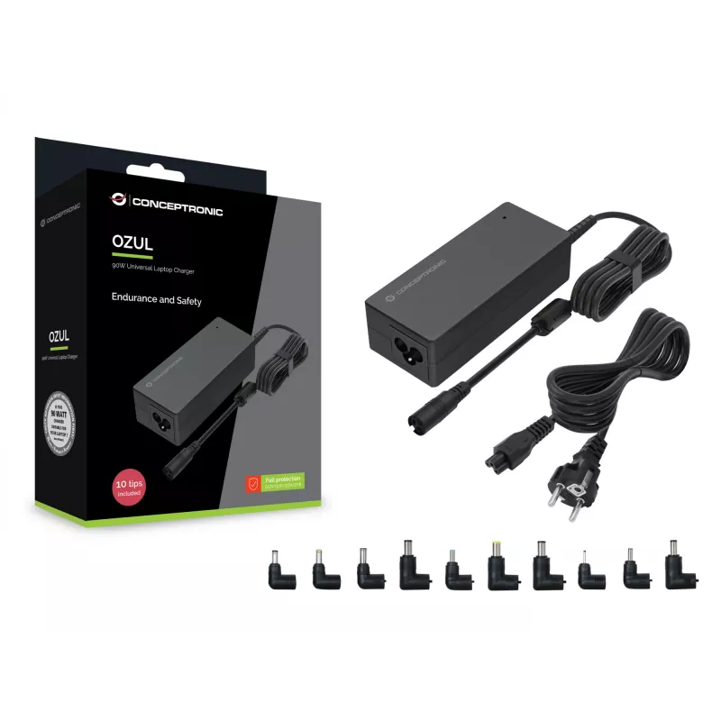 Conceptronic OZUL08B10 carregador universal para portátil 90W, inclui 10 pontas de carregamento