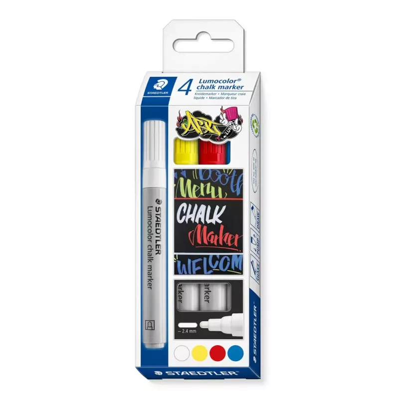 Marcador de giz Staedtler Lumocolor ponta redonda azul vermelho branco amarelo 4 unid.
