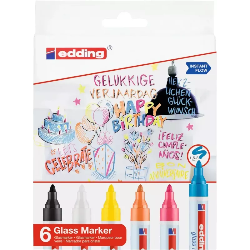 Marcador para vidro Edding 95 6 unid. ponta redonda preto azul laranja rosa branco amarelo