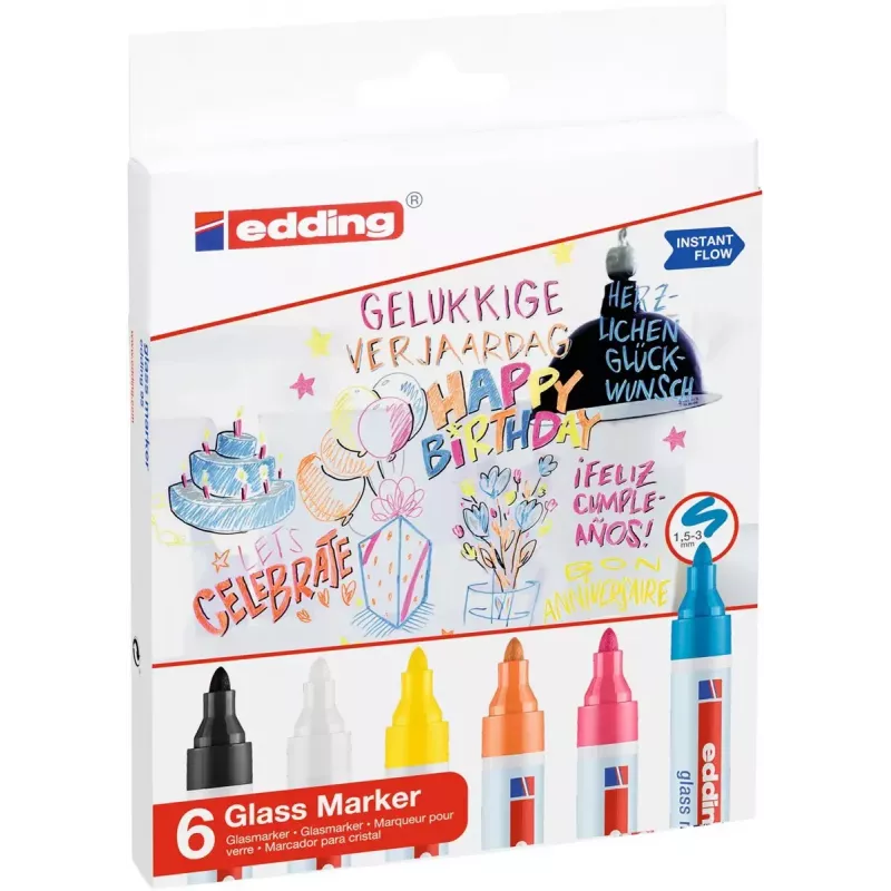 Marcador para vidro Edding 95 6 unid. ponta redonda preto azul laranja rosa branco amarelo
