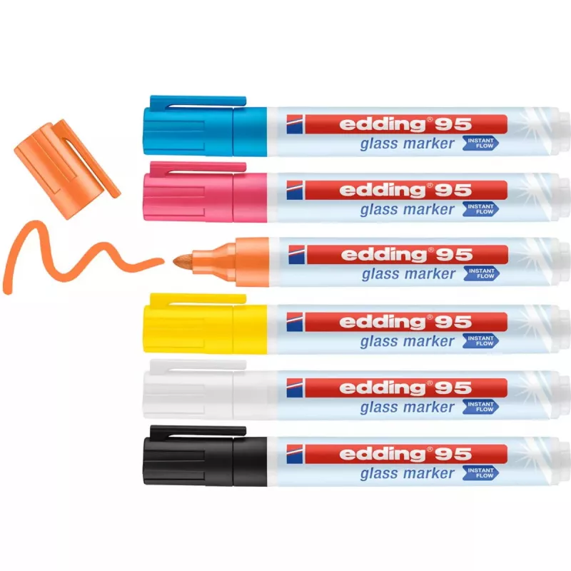 Marcador para vidro Edding 95 6 unid. ponta redonda preto azul laranja rosa branco amarelo