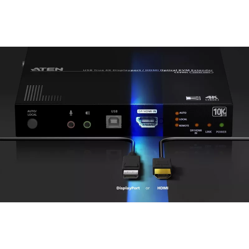 ATEN True 4K DP/HDMI Optical KVM 10km, emissor e recetor, com fios, 10000 m, 4096 x 2160 píxeis, preto, metal
