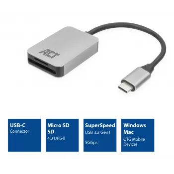 Leitor de cartões ACT AC7056 USB 3.2 Gen 1 Type-C cinzento MicroSD SD