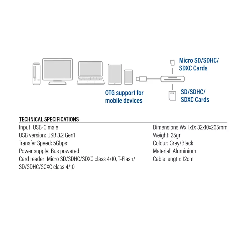 Leitor de cartões ACT AC7056 USB 3.2 Gen 1 Type-C cinzento MicroSD SD