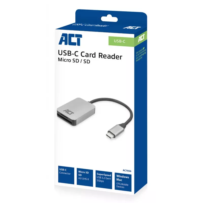 Leitor de cartões ACT AC7056 USB 3.2 Gen 1 Type-C cinzento MicroSD SD