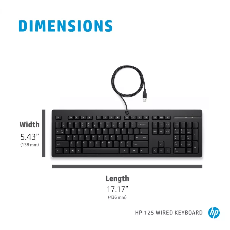 Teclado com fio HP 125 tamanho completo USB membrana QWERTY preto