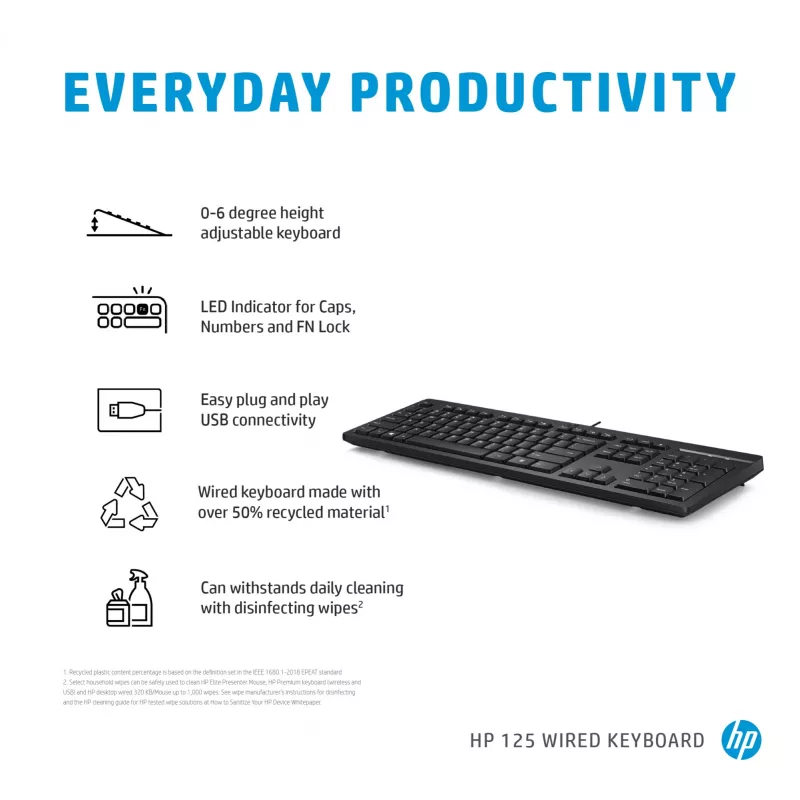 Teclado com fio HP 125 tamanho completo USB membrana QWERTY preto
