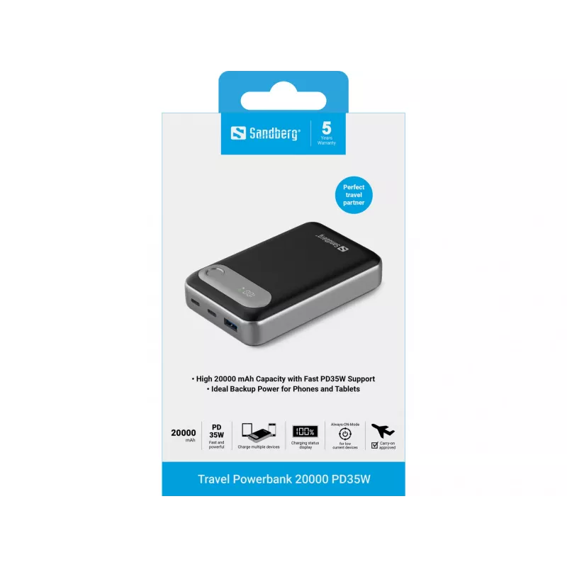Powerbank de viagem Sandberg 20000 PD35W, 20000 mAh, polímero de lítio (LiPo), 3.7 V, preto, prateado