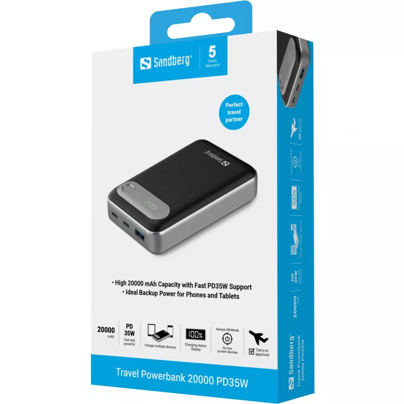 Powerbank de viagem Sandberg 20000 PD35W, 20000 mAh, polímero de lítio (LiPo), 3.7 V, preto, prateado