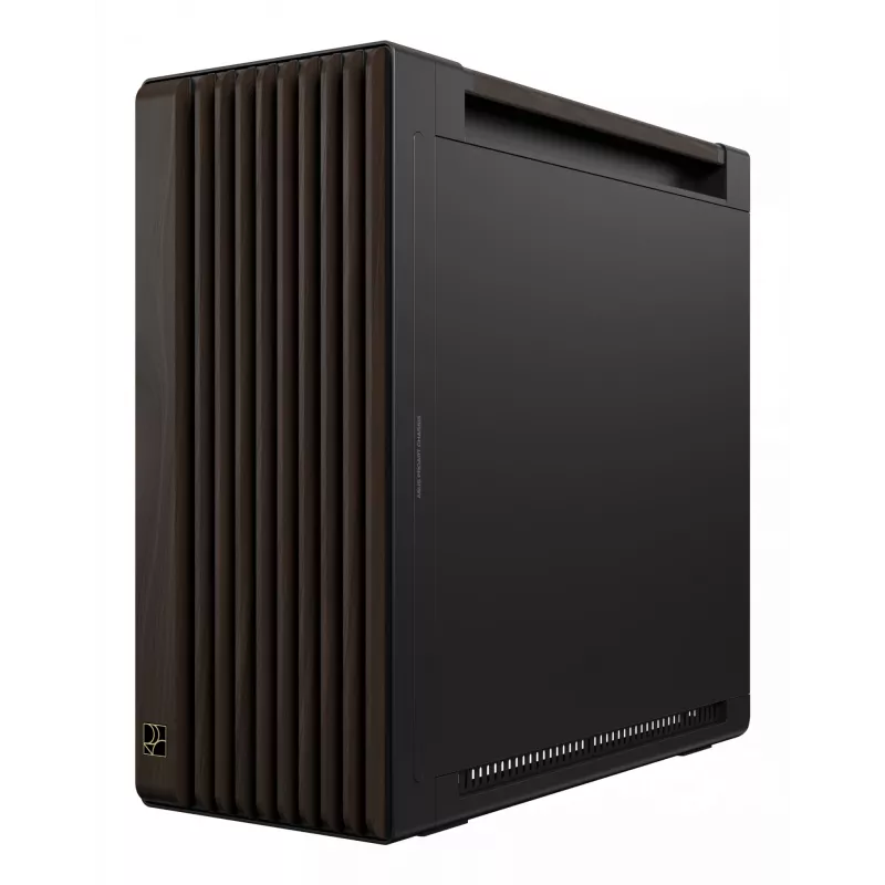 Caixa de PC ASUS ProArt PA602 Wood Edition Midi Tower — preto e madeira, suporta ATX/EATX, 2x200 mm à frente, 1x140 mm atrás