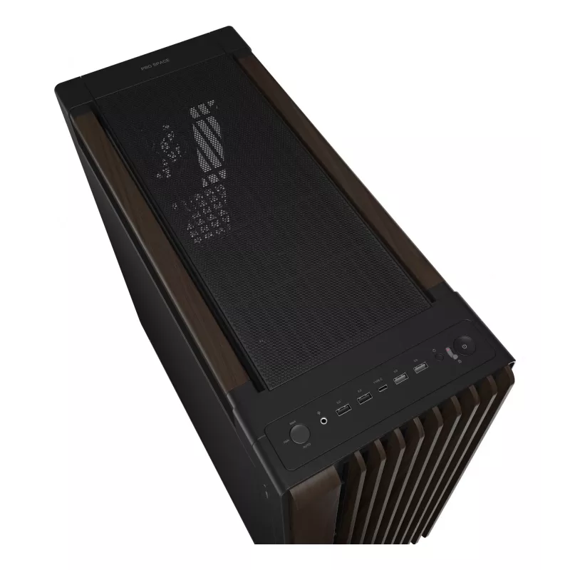 Caixa de PC ASUS ProArt PA602 Wood Edition Midi Tower — preto e madeira, suporta ATX/EATX, 2x200 mm à frente, 1x140 mm atrás