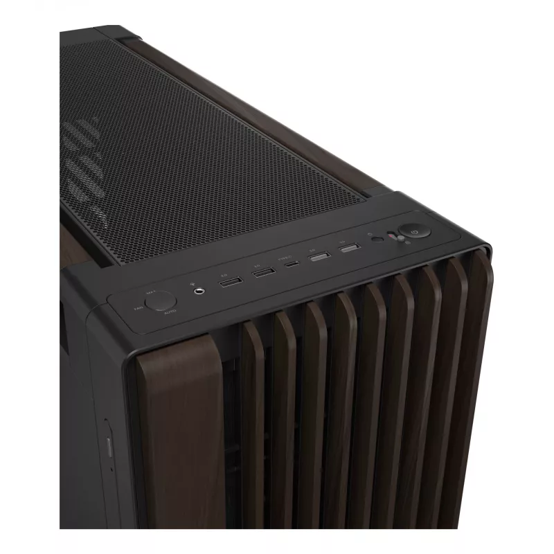 Caixa de PC ASUS ProArt PA602 Wood Edition Midi Tower — preto e madeira, suporta ATX/EATX, 2x200 mm à frente, 1x140 mm atrás