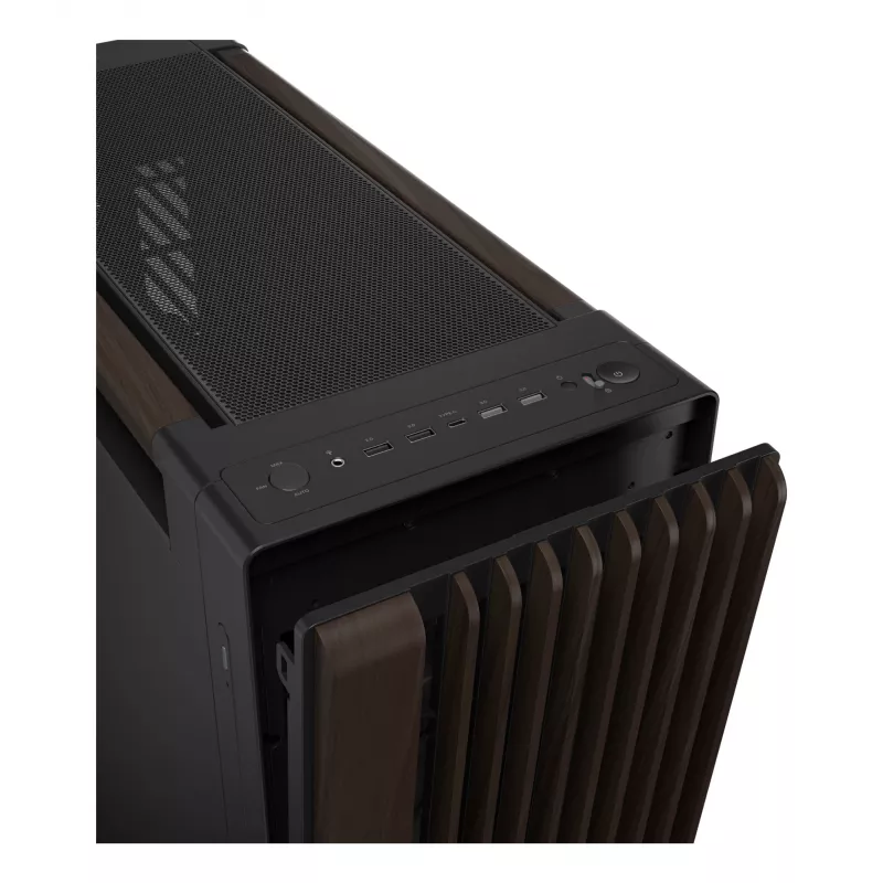 Caixa de PC ASUS ProArt PA602 Wood Edition Midi Tower — preto e madeira, suporta ATX/EATX, 2x200 mm à frente, 1x140 mm atrás