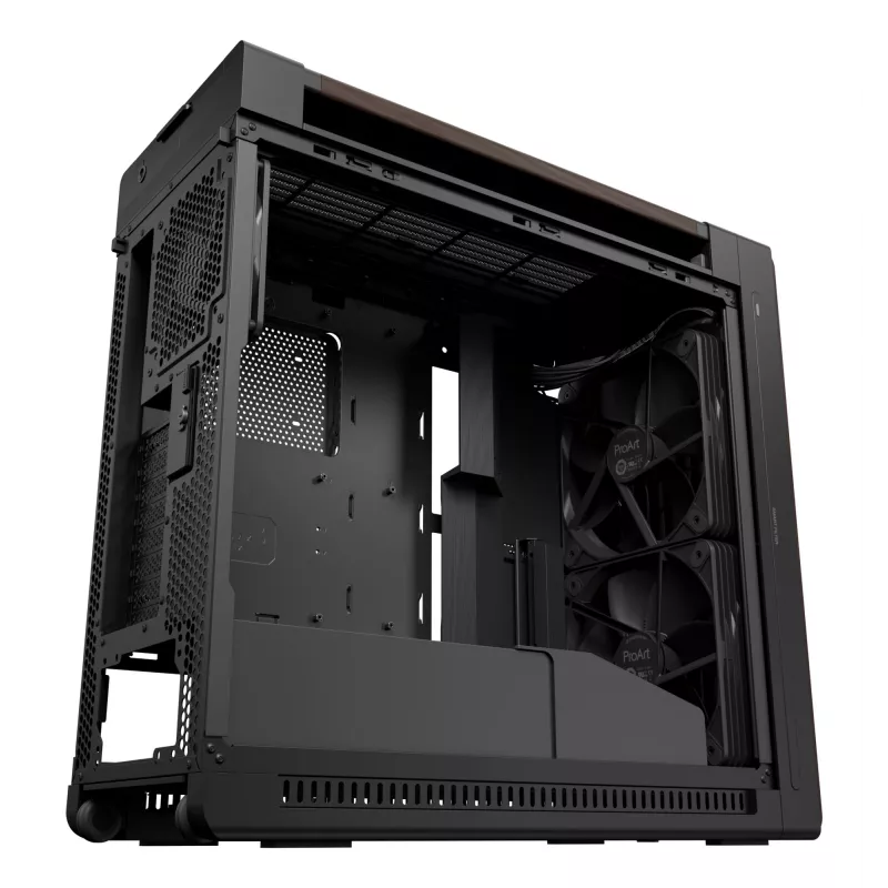 Caixa de PC ASUS ProArt PA602 Wood Edition Midi Tower — preto e madeira, suporta ATX/EATX, 2x200 mm à frente, 1x140 mm atrás