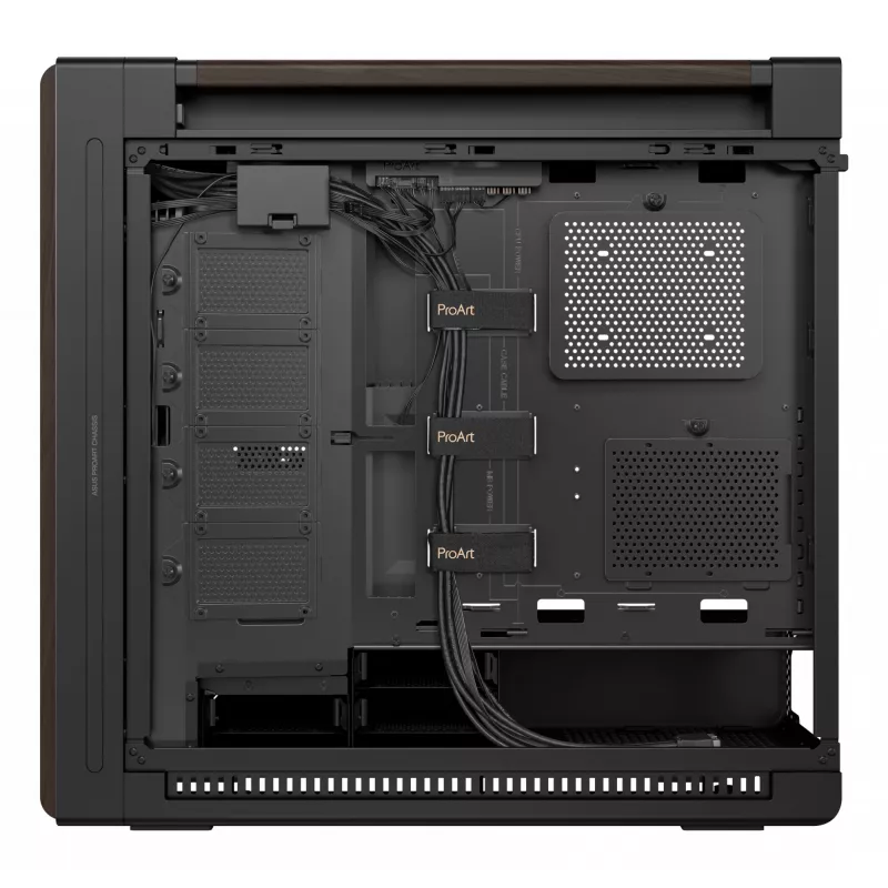 Caixa de PC ASUS ProArt PA602 Wood Edition Midi Tower — preto e madeira, suporta ATX/EATX, 2x200 mm à frente, 1x140 mm atrás