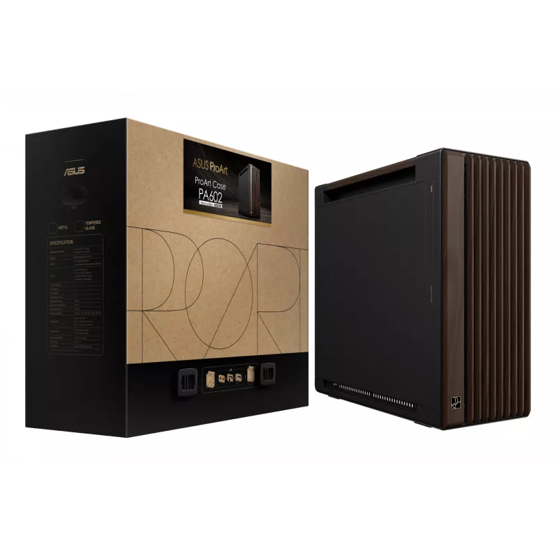 Caixa de PC ASUS ProArt PA602 Wood Edition Midi Tower — preto e madeira, suporta ATX/EATX, 2x200 mm à frente, 1x140 mm atrás
