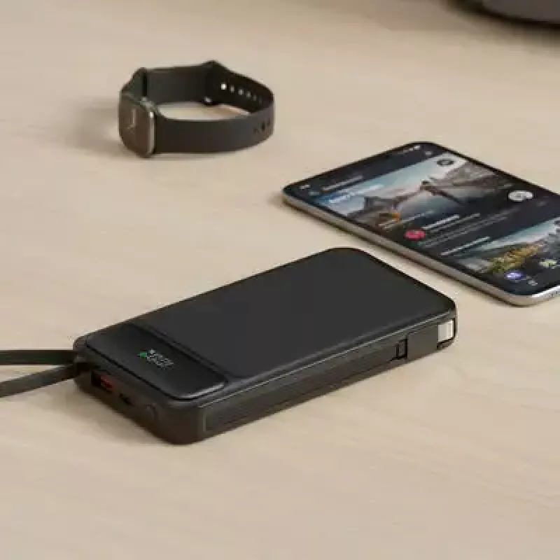 Powerbank MediaRange MRMA753 10.000 mAh LiPo com cabos integrados, ecrã LCD, USB-C PD e Quick Charge, preto