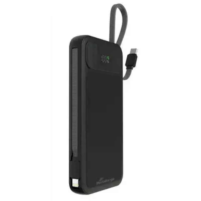Powerbank MediaRange MRMA753 10.000 mAh LiPo com cabos integrados, ecrã LCD, USB-C PD e Quick Charge, preto